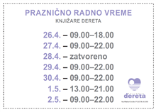 Praznično radno vreme knjižare Dereta